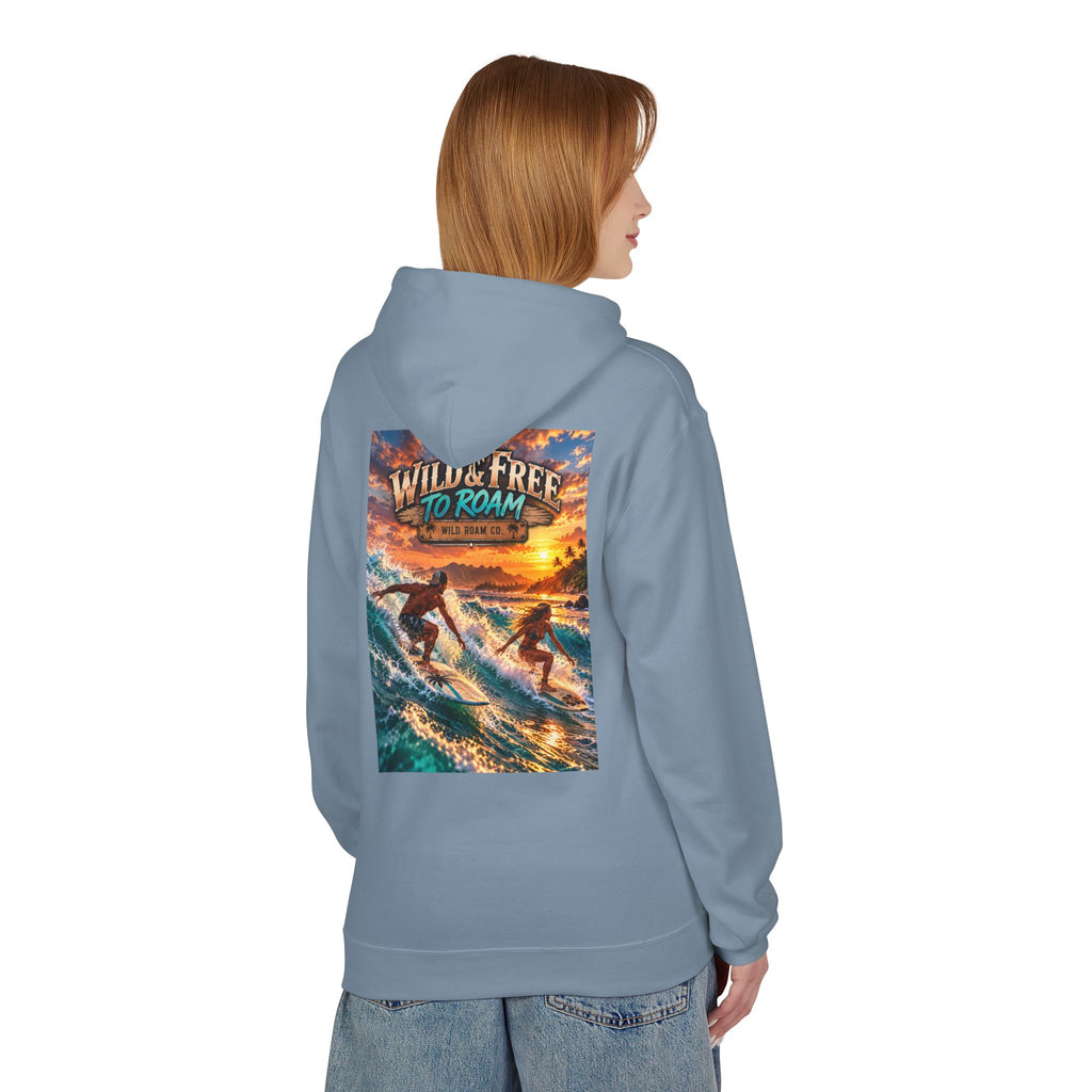 Surf Adventure Hoodie — "Wild & Free to Roam" Sunset Surf Graphic