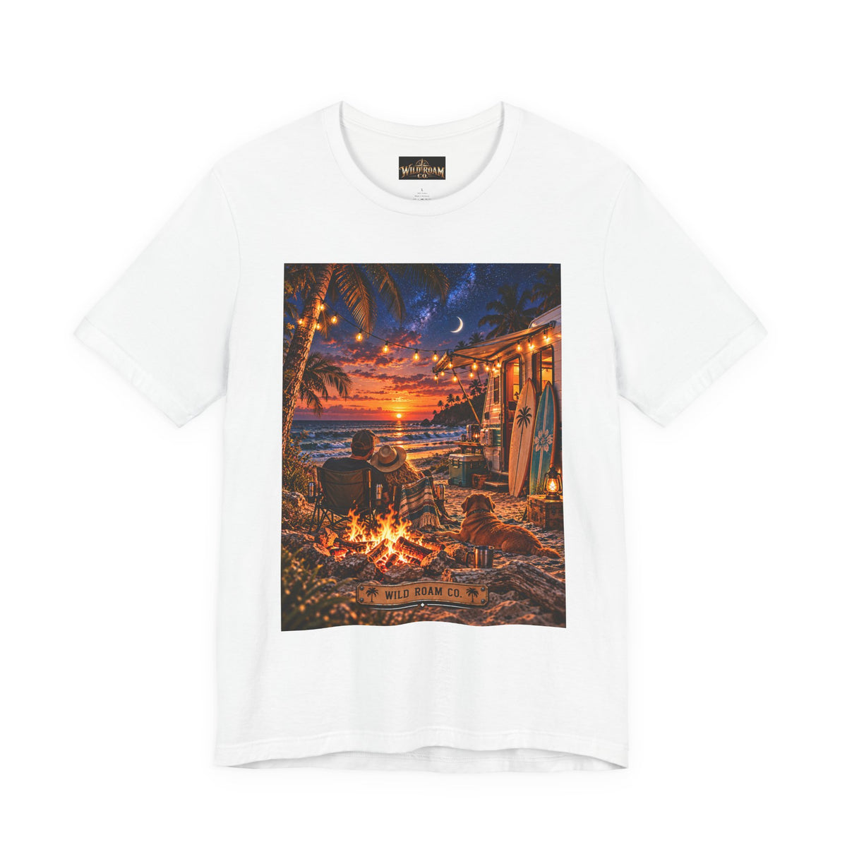 Beach Bonfire Sunset T-Shirt — Surfboard Campfire Coastal Graphic Tee