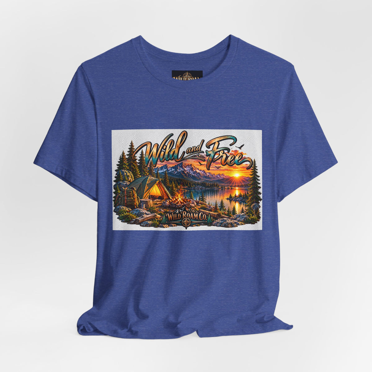 Wild and Free Camping T-Shirt — Mountain Lake Sunset Graphic Tee