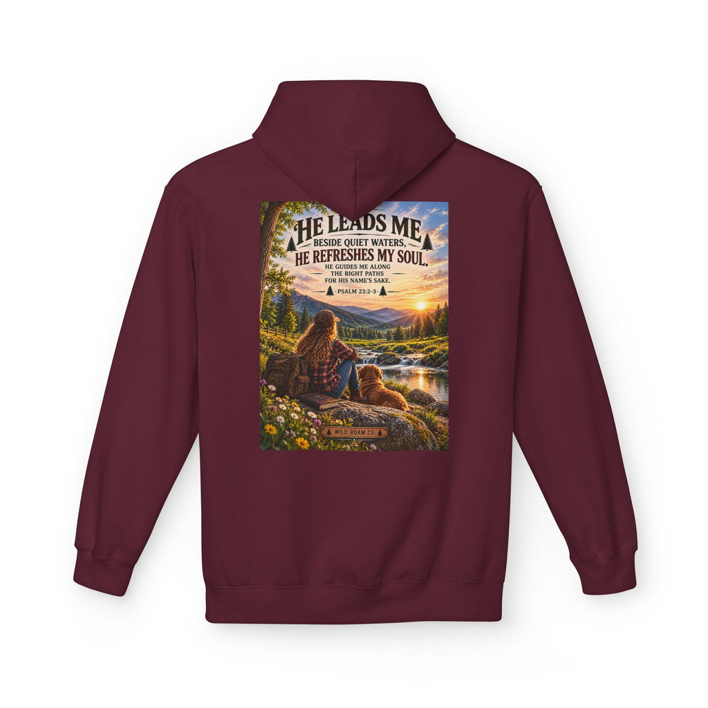 Women's Wild Roam Co. Scenic Hoodie — "He Leads Me Beside Quiet Waters" Inspirational Nature Pullover