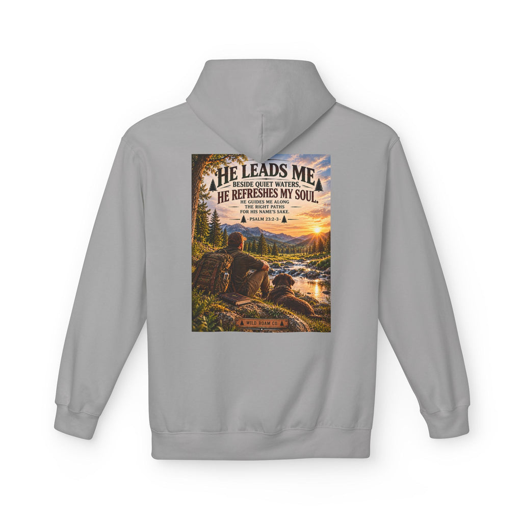Men's Hoodie — "He Leads Me" Scenic Christian Outdoors Hoodie