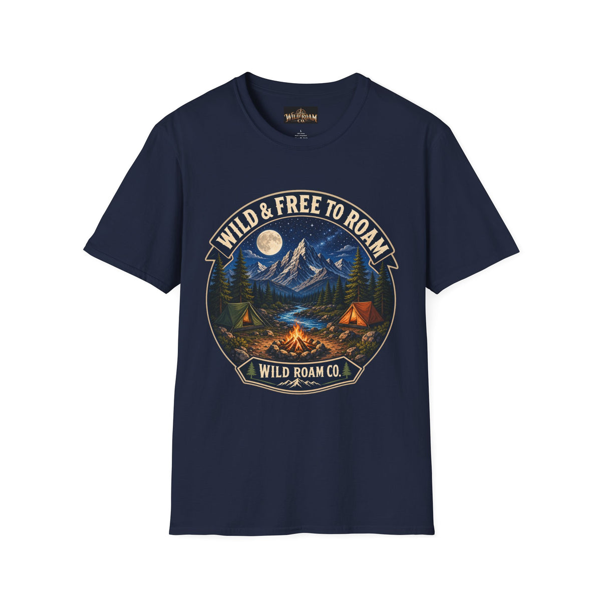 Camping T-Shirt — "Wild & Free to Roam" Mountain Campfire Graphic