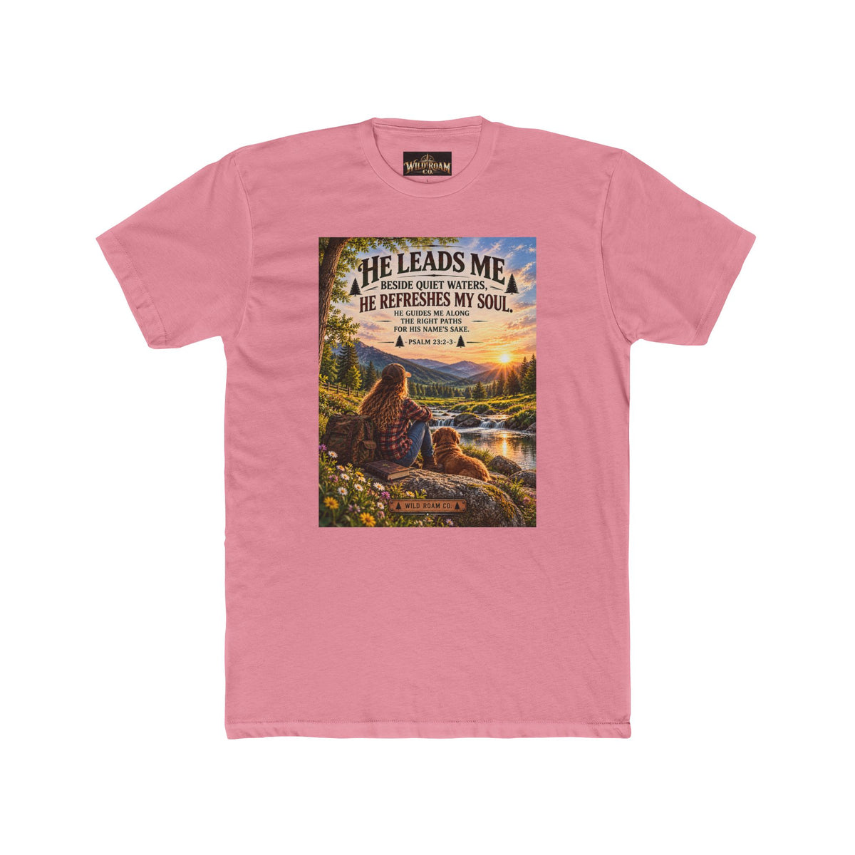 Women's Christian Shepherd Psalm T-Shirt — "He Leads Me Beside Quiet Waters" Scenic Faith Tee