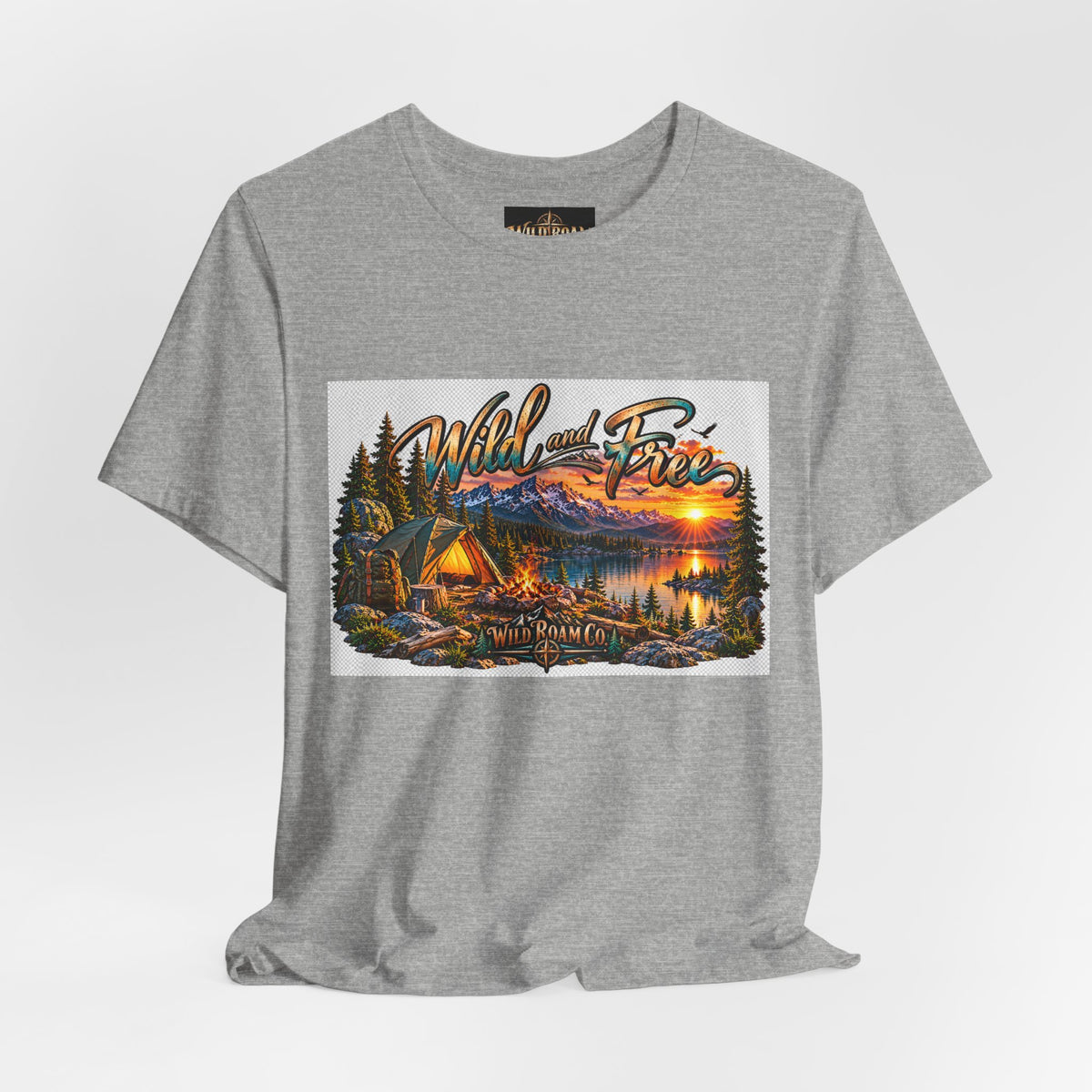 Wild and Free Camping T-Shirt — Mountain Lake Sunset Graphic Tee