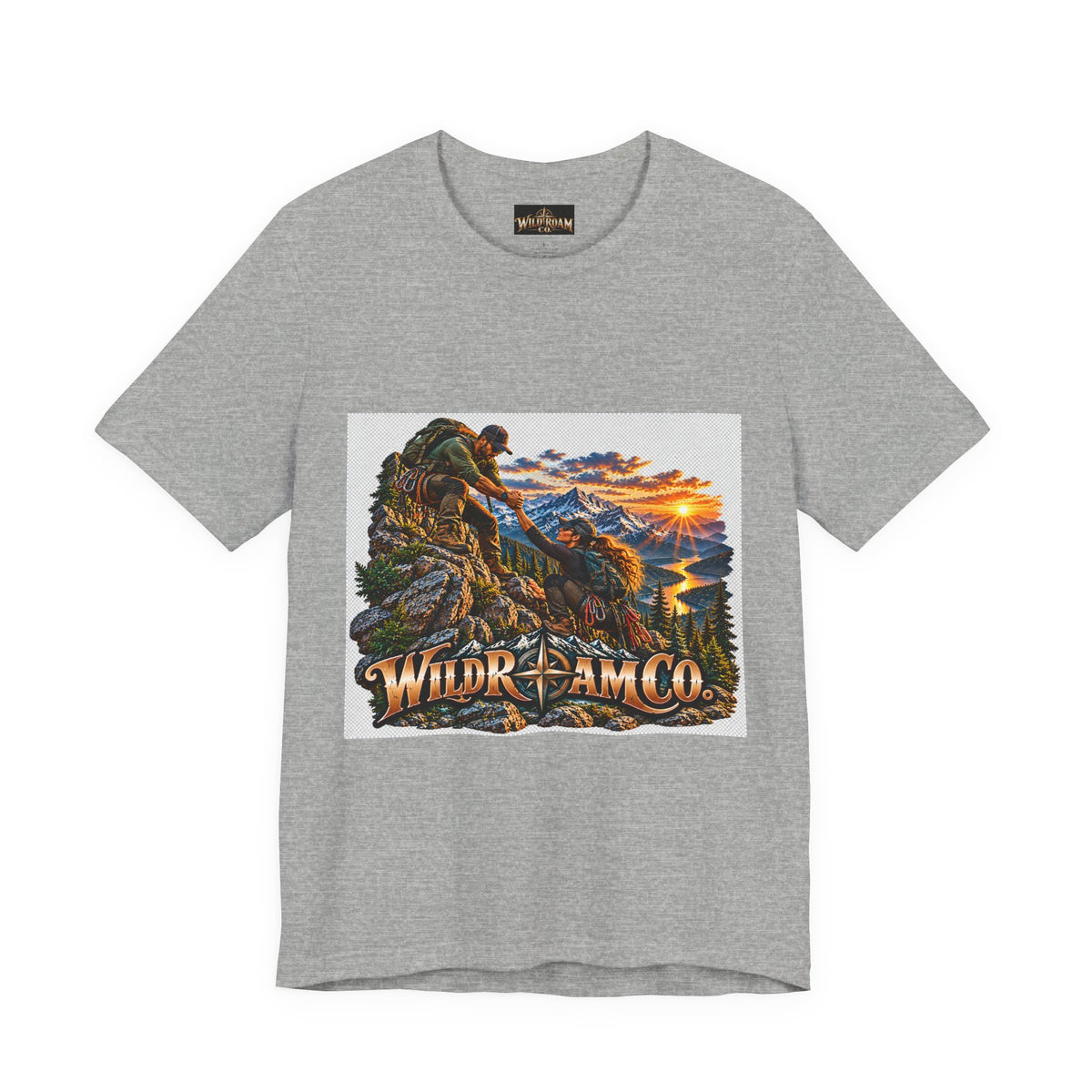 Couple Helping Hand Graphic Tee — Wild Roam Co. Mountain Climber Sunset T‑Shirt