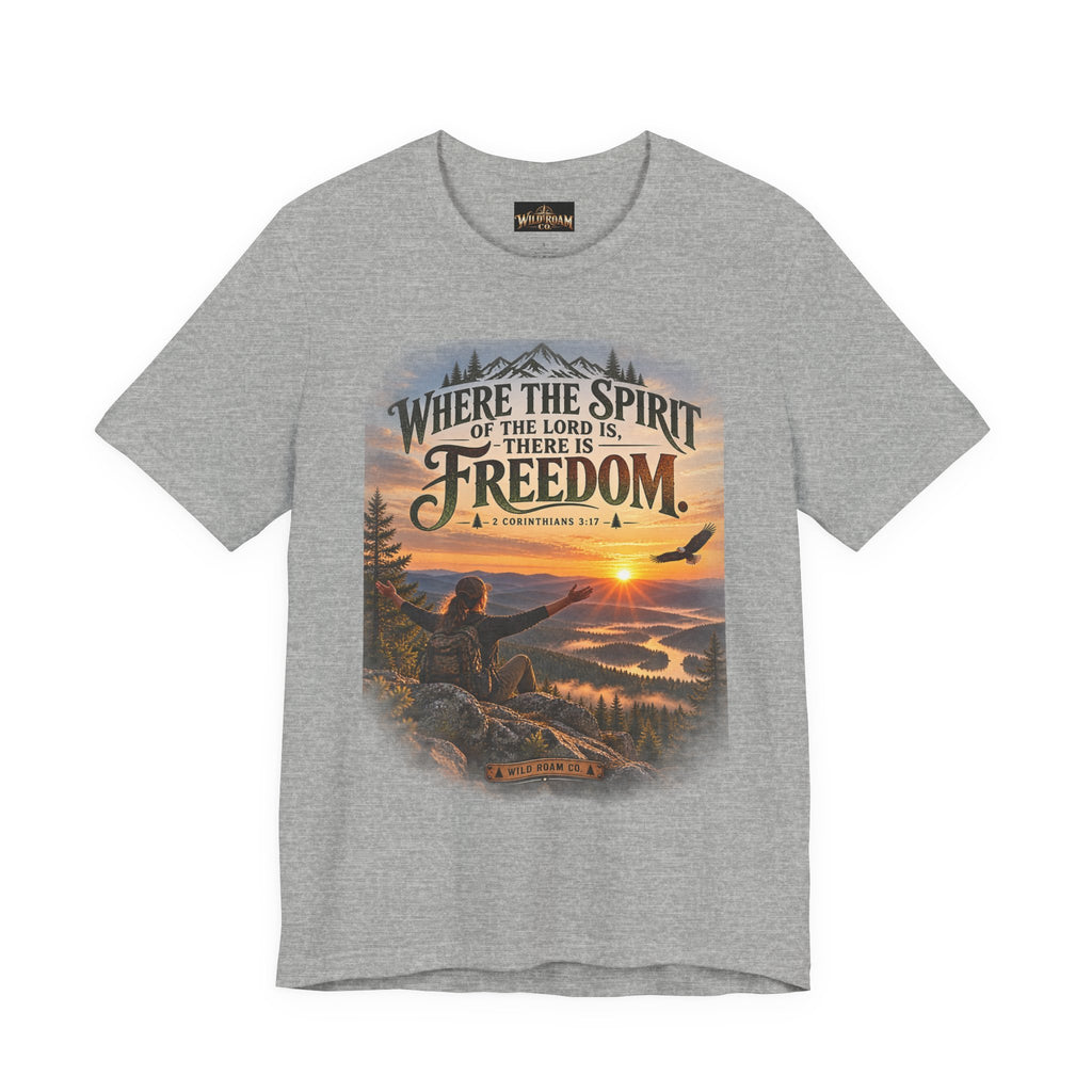 Women's Freedom Sunrise Tee — "Where the Spirit of the Lord is, there is Freedom" Christian T‑Shirt