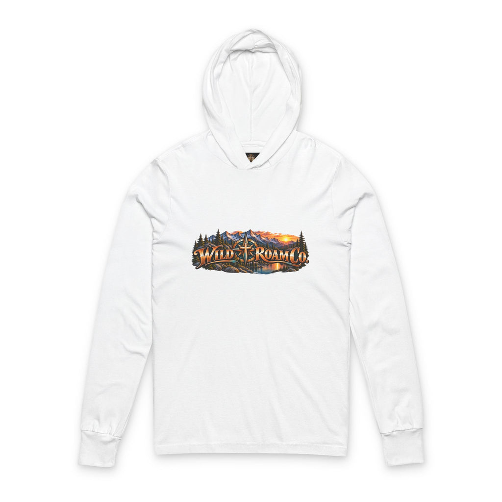 Hooded Long Sleeve Tee — 'Wild & Roam Co.' Sunset Logo with Mark 13:27 Scripture Back