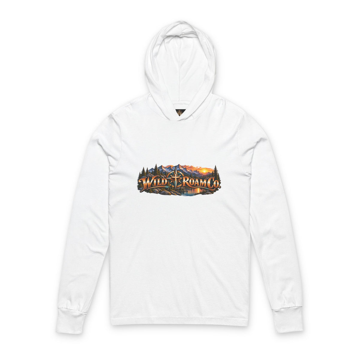 Hooded Long Sleeve Tee — 'Wild & Roam Co.' Sunset Logo with Mark 13:27 Scripture Back
