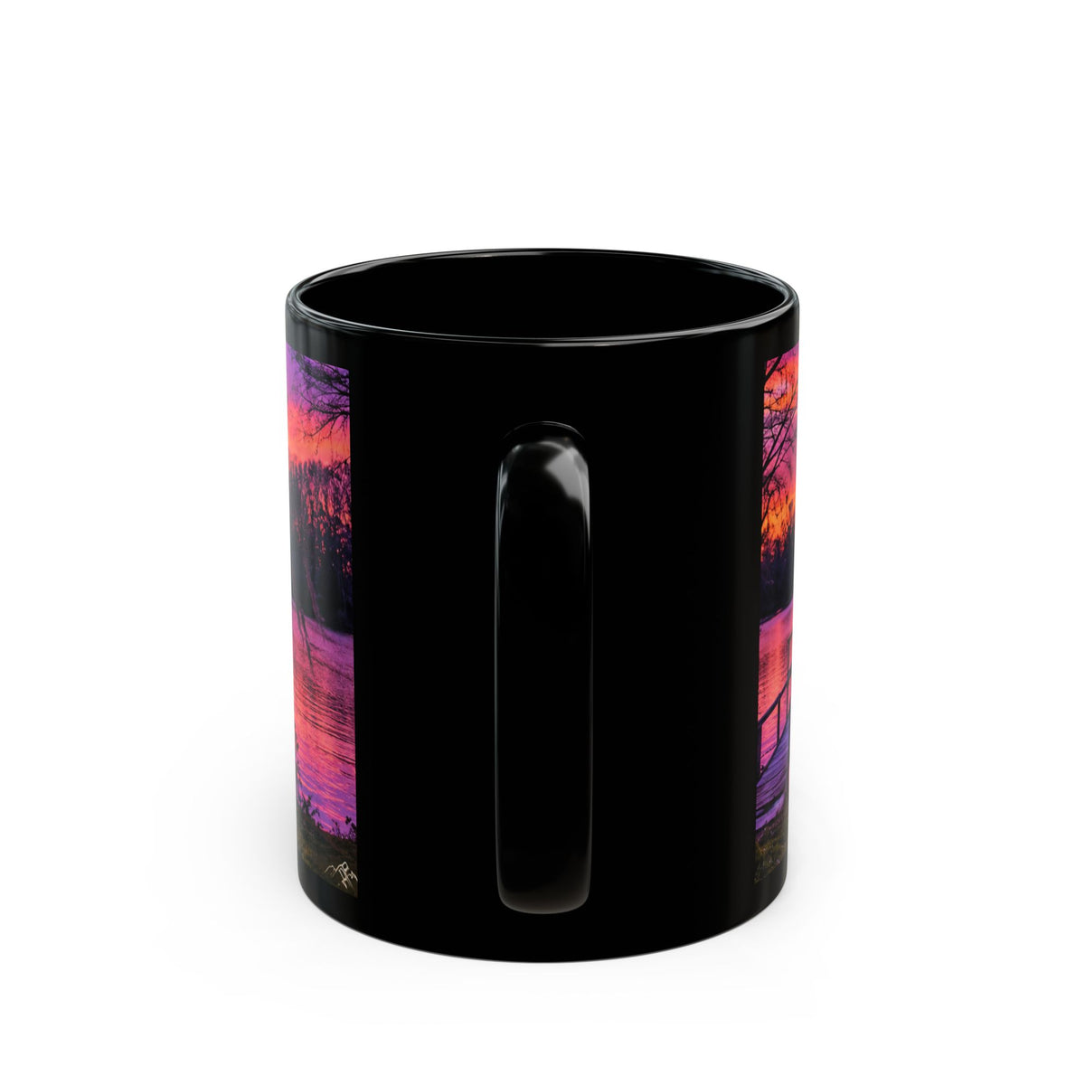 Sunset Lake Black Mug — Vibrant Purple-Orange Scenic Coffee Cup (11oz, 15oz)