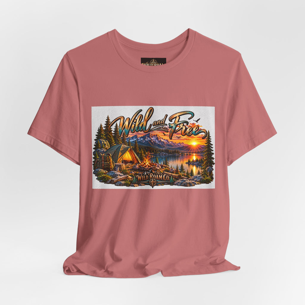 Wild and Free Camping T-Shirt — Mountain Lake Sunset Graphic Tee