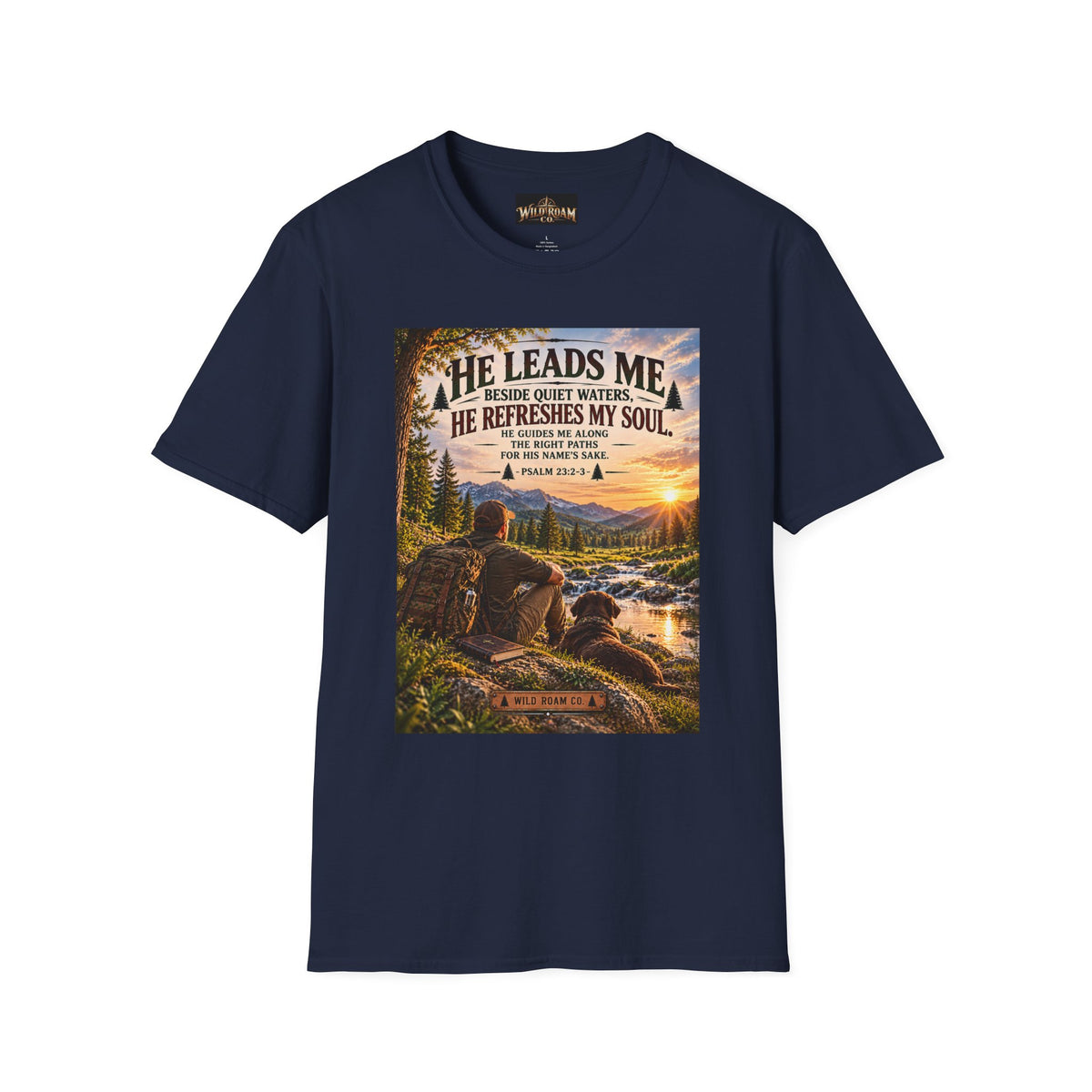 Men's He Leads Me Psalm 23 Scenic T-Shirt — Christian Faith Outdoors Graphic Tee