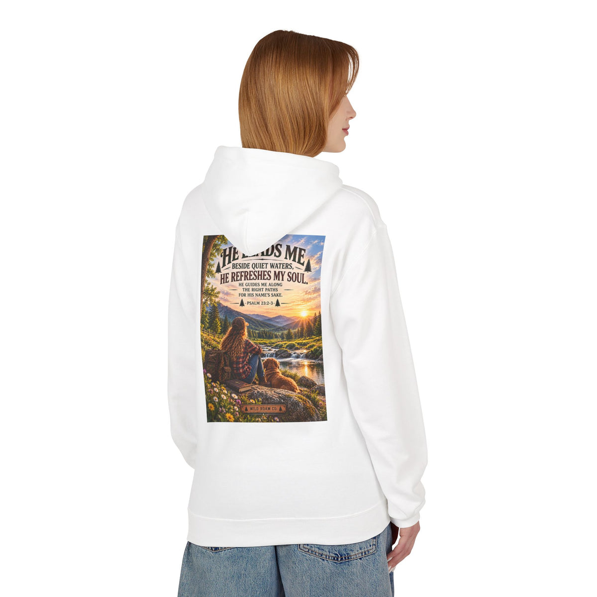 Women's Wild Roam Co. Scenic Hoodie — "He Leads Me Beside Quiet Waters" Inspirational Nature Pullover