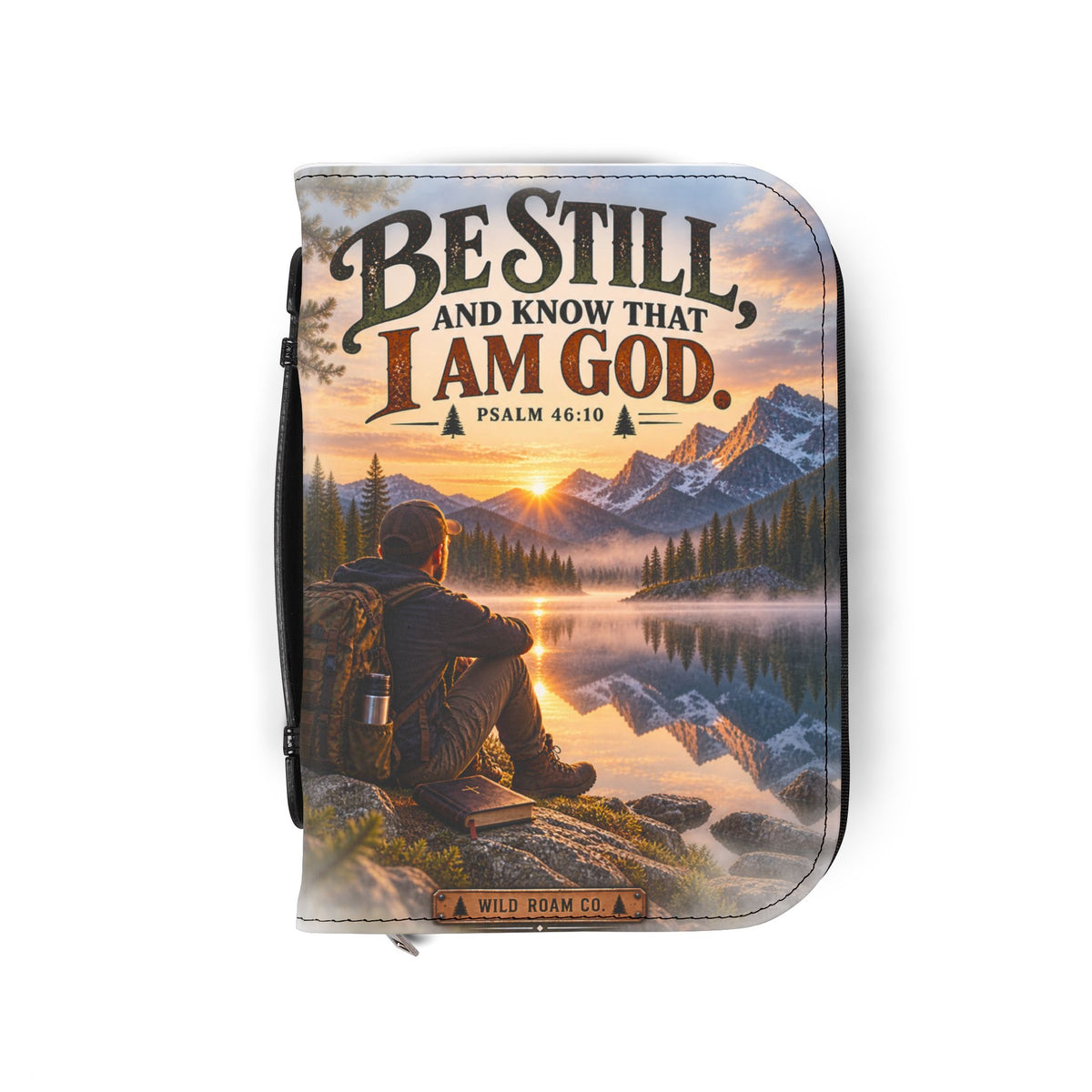 Men's Bible Cover — "Be Still and Know That I Am God" Psalm 46:10 Scenic Mountain Design