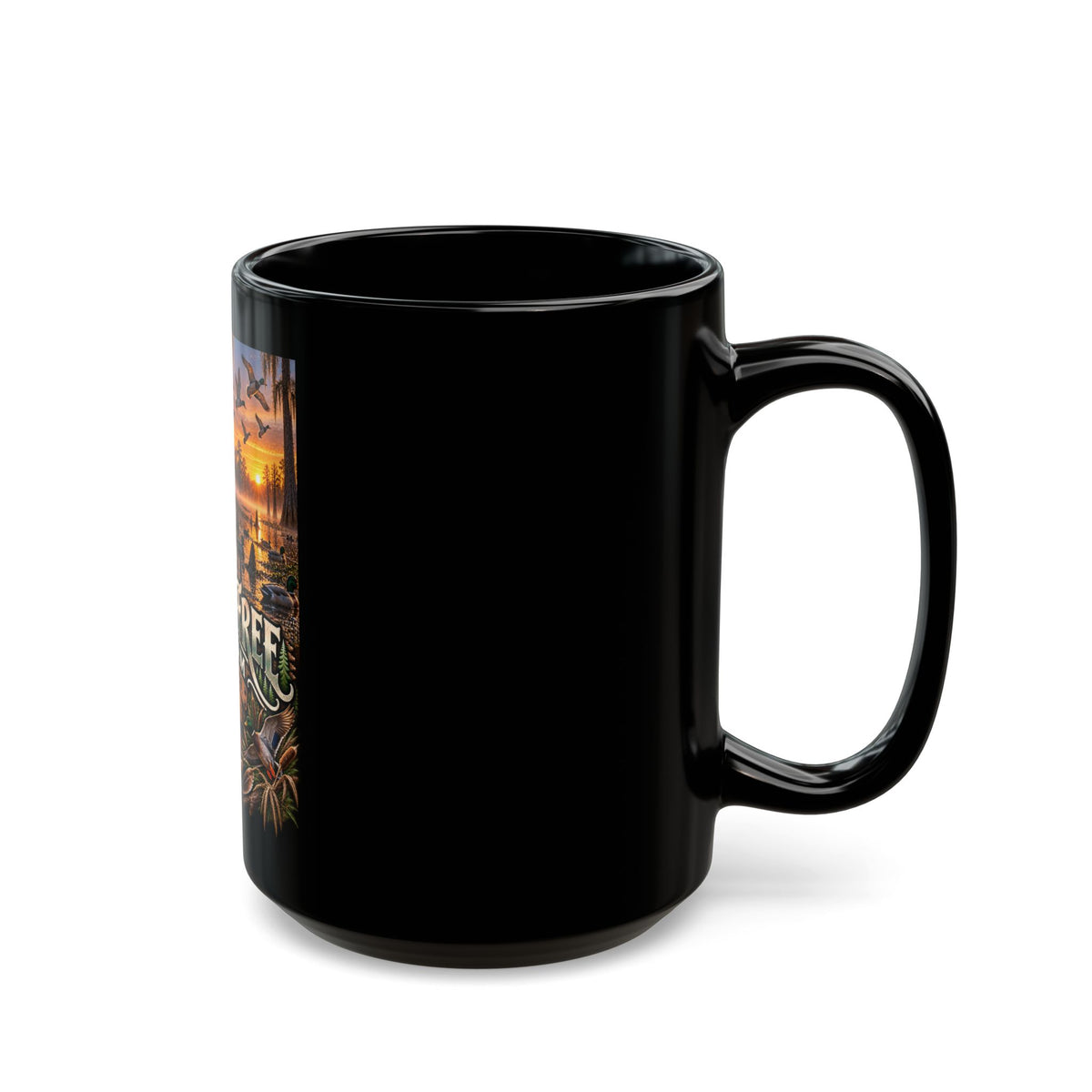 Wild & Free To Roam Black Coffee Mug – Duck Outdoor Hunting & Fishing Sunset Design (11oz/15oz)