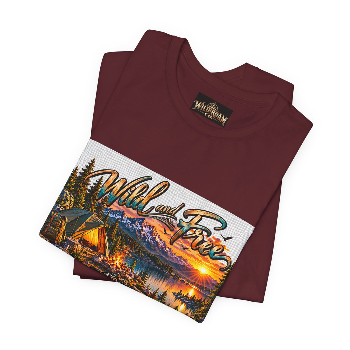 Wild and Free Camping T-Shirt — Mountain Lake Sunset Graphic Tee