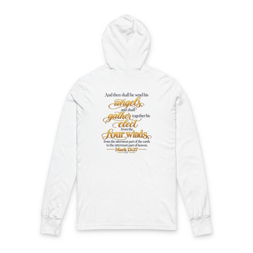 Hooded Long Sleeve Tee — 'Wild & Roam Co.' Sunset Logo with Mark 13:27 Scripture Back