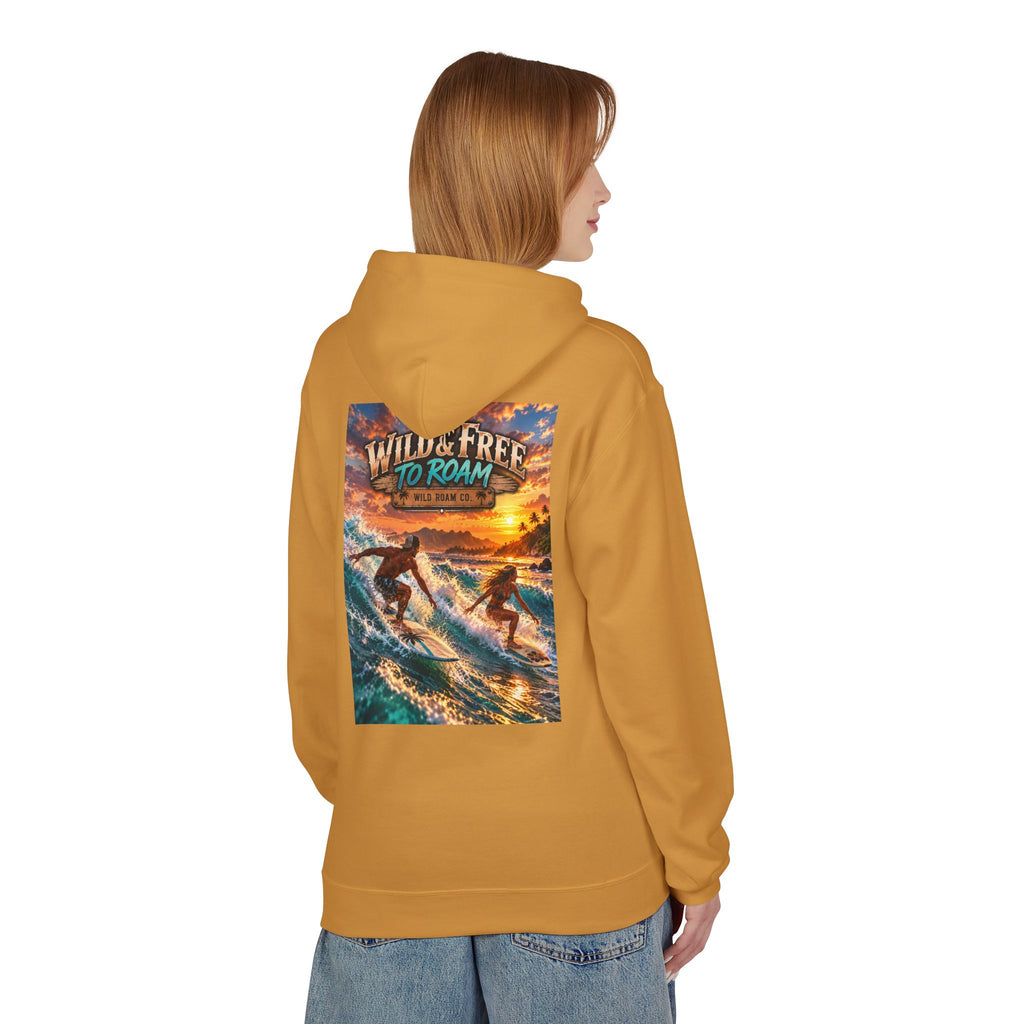 Surf Adventure Hoodie — "Wild & Free to Roam" Sunset Surf Graphic