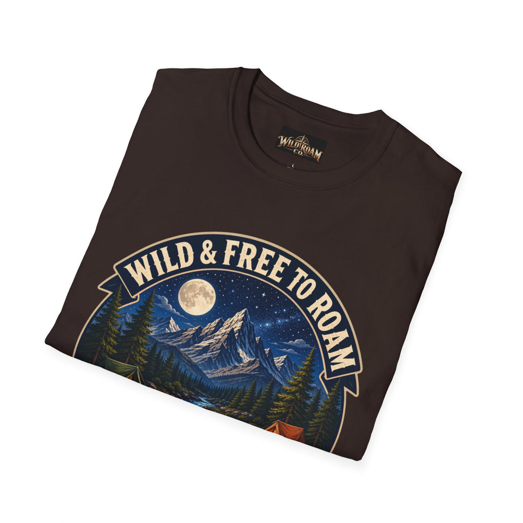 Camping T-Shirt — "Wild & Free to Roam" Mountain Campfire Graphic