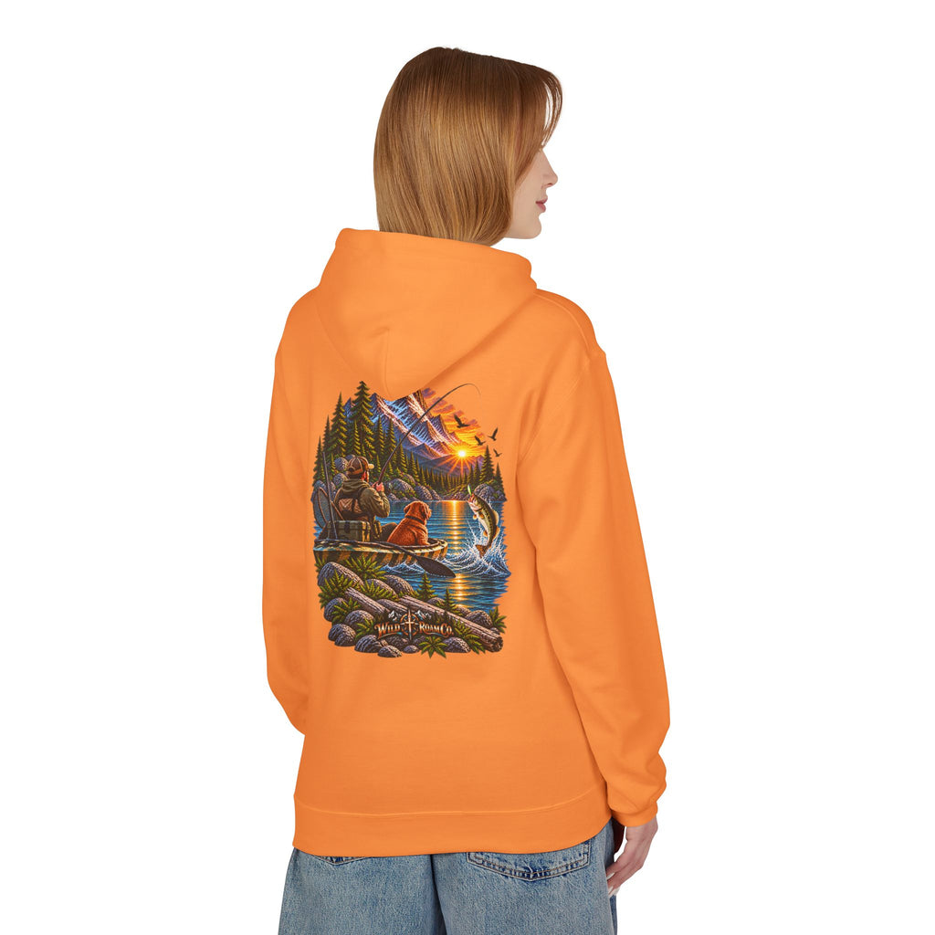Wild Roam Co. Scenic Adventure Hoodie — "Wild Roam" Mountain & Lake Graphic