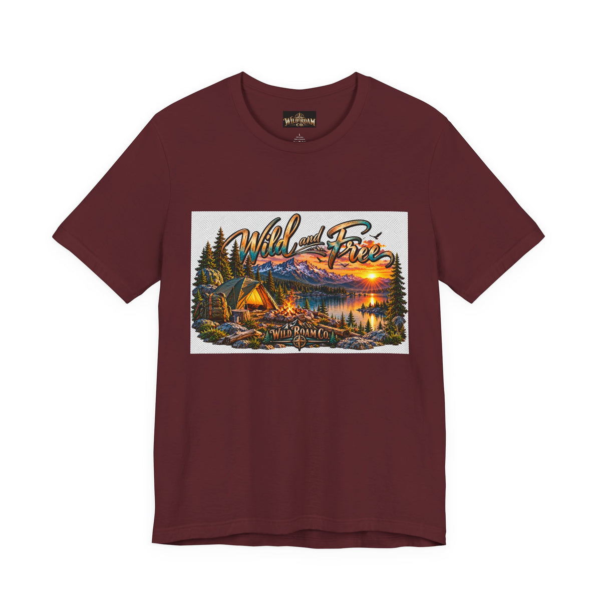 Wild and Free Camping T-Shirt — Mountain Lake Sunset Graphic Tee