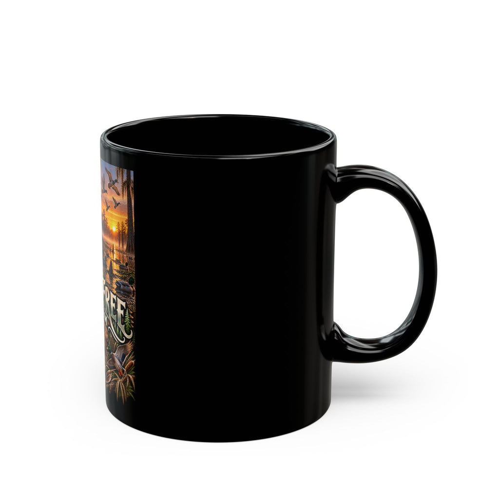 Wild & Free To Roam Black Coffee Mug – Duck Outdoor Hunting & Fishing Sunset Design (11oz/15oz)