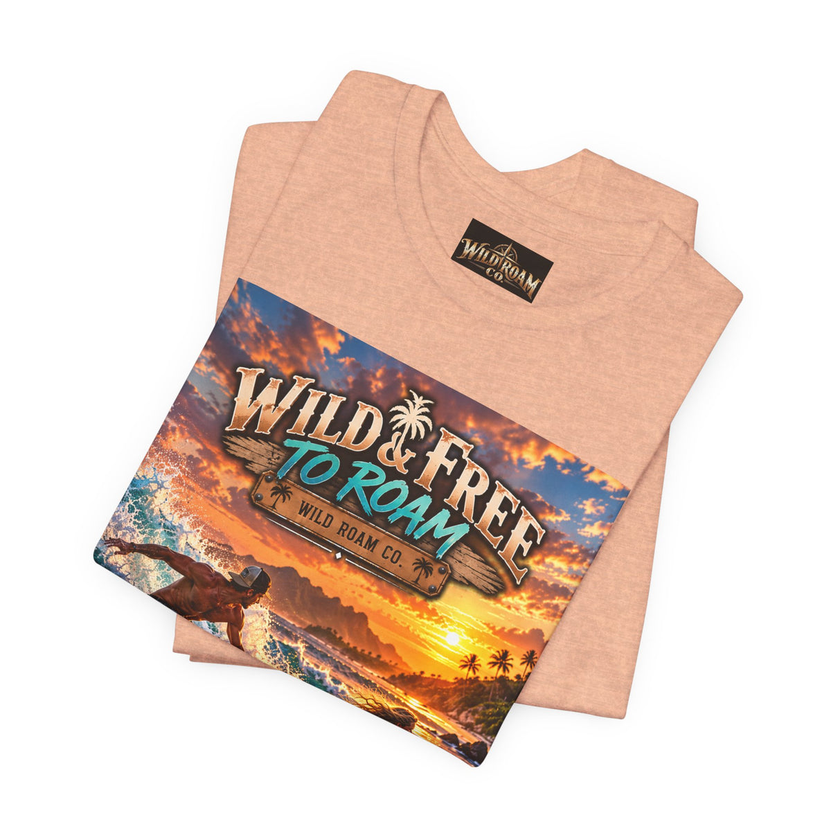 Surfing Sunset T‑Shirt — "Wild & Free to Roam" Beach Graphic Tee