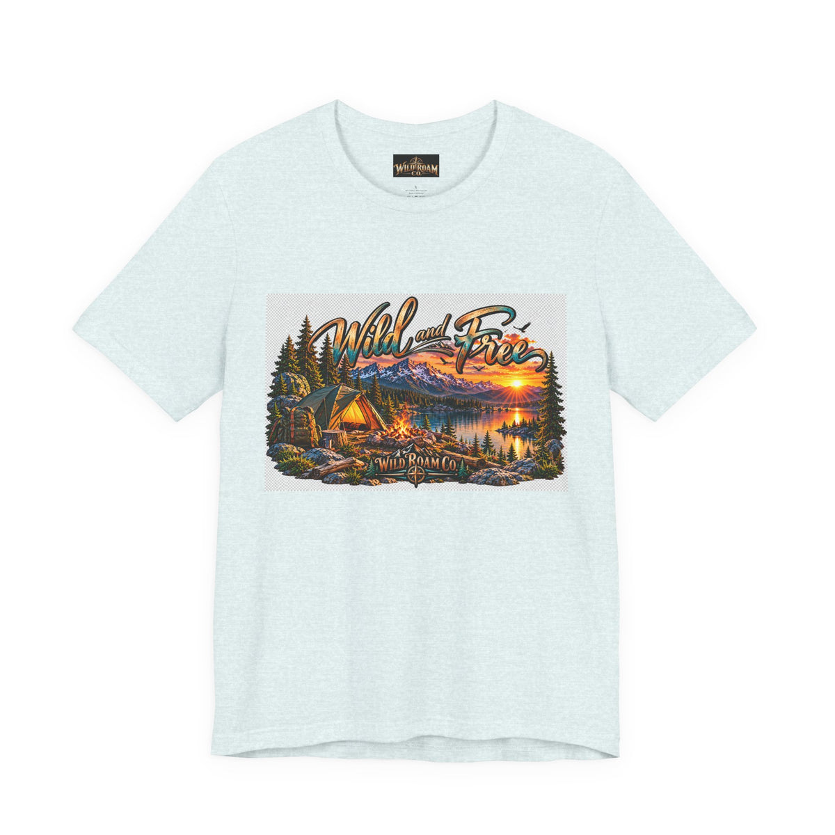 Wild and Free Camping T-Shirt — Mountain Lake Sunset Graphic Tee