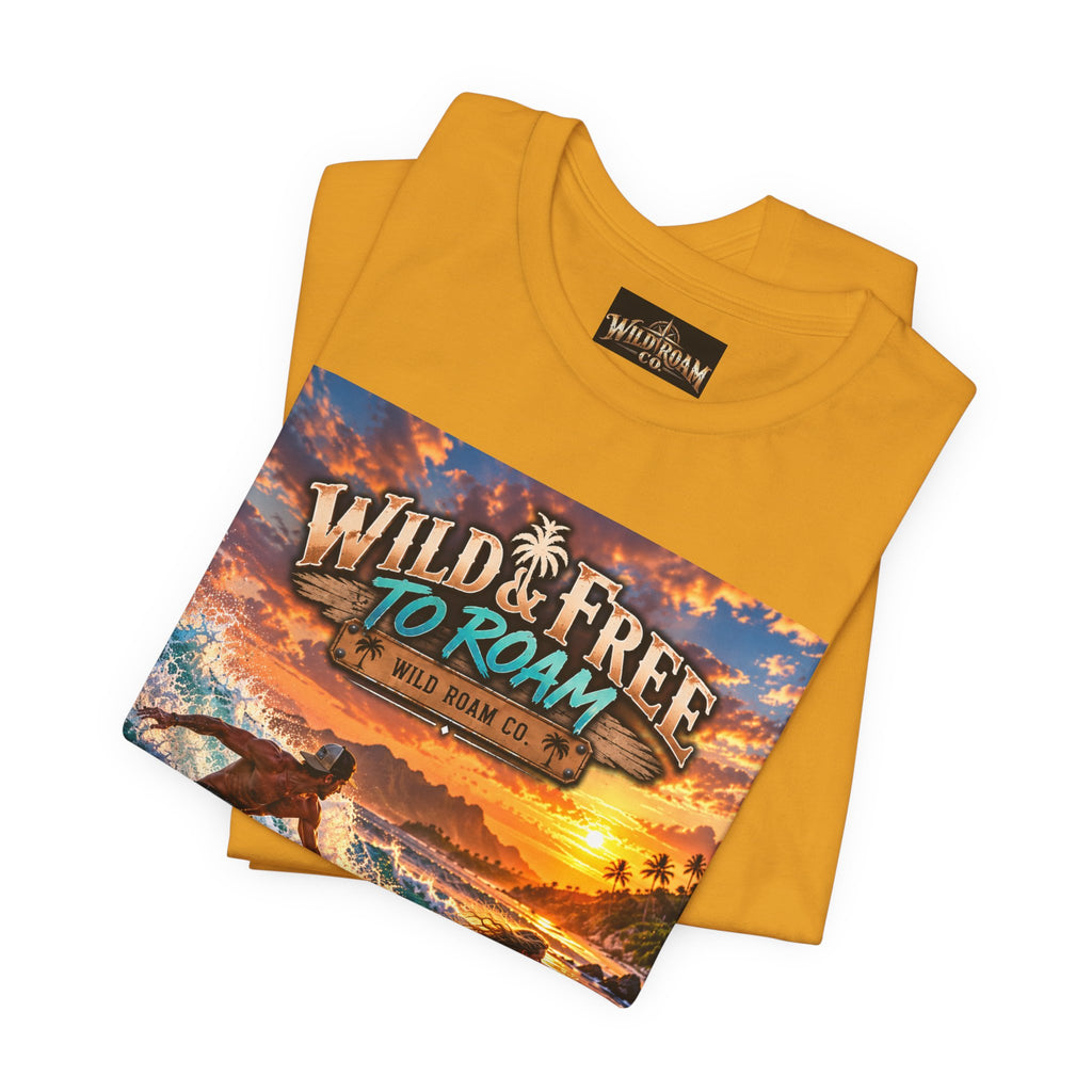 Surfing Sunset T‑Shirt — "Wild & Free to Roam" Beach Graphic Tee