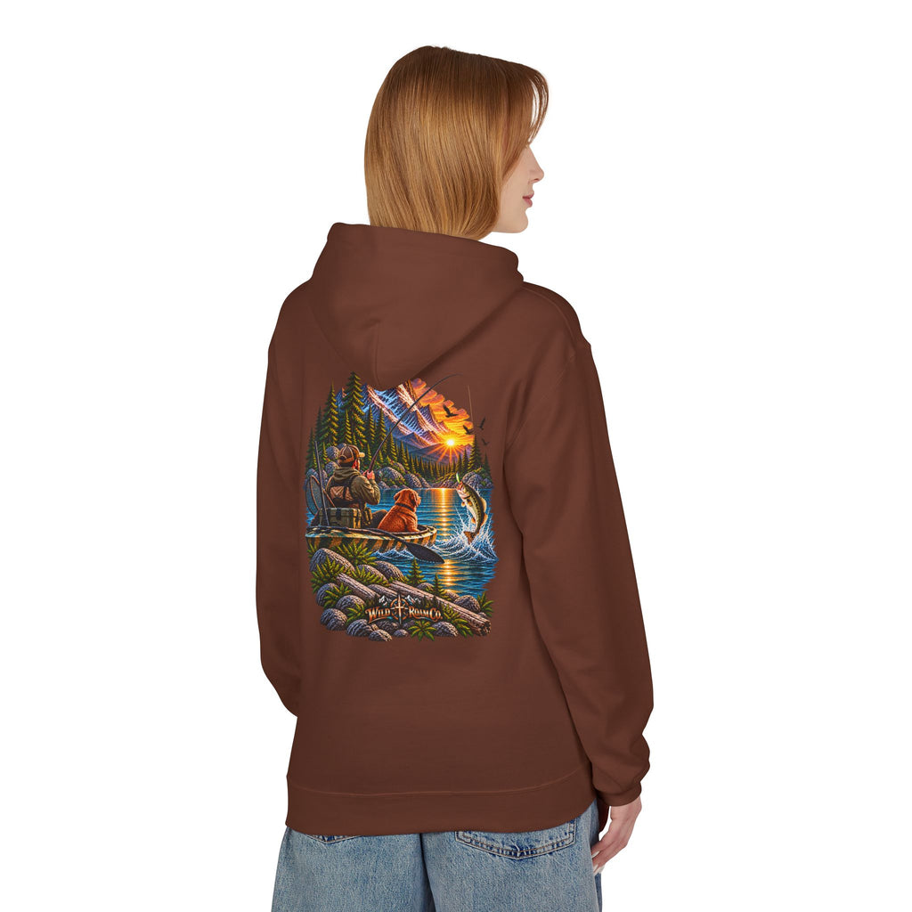 Wild Roam Co. Scenic Adventure Hoodie — "Wild Roam" Mountain & Lake Graphic