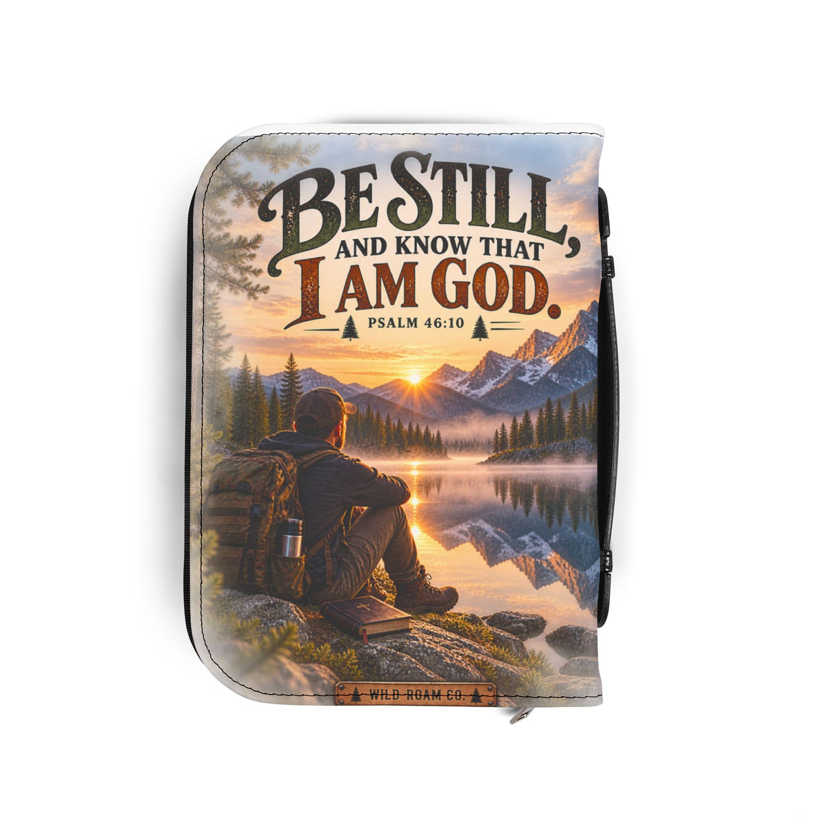 Men's Bible Cover — "Be Still and Know That I Am God" Psalm 46:10 Scenic Mountain Design