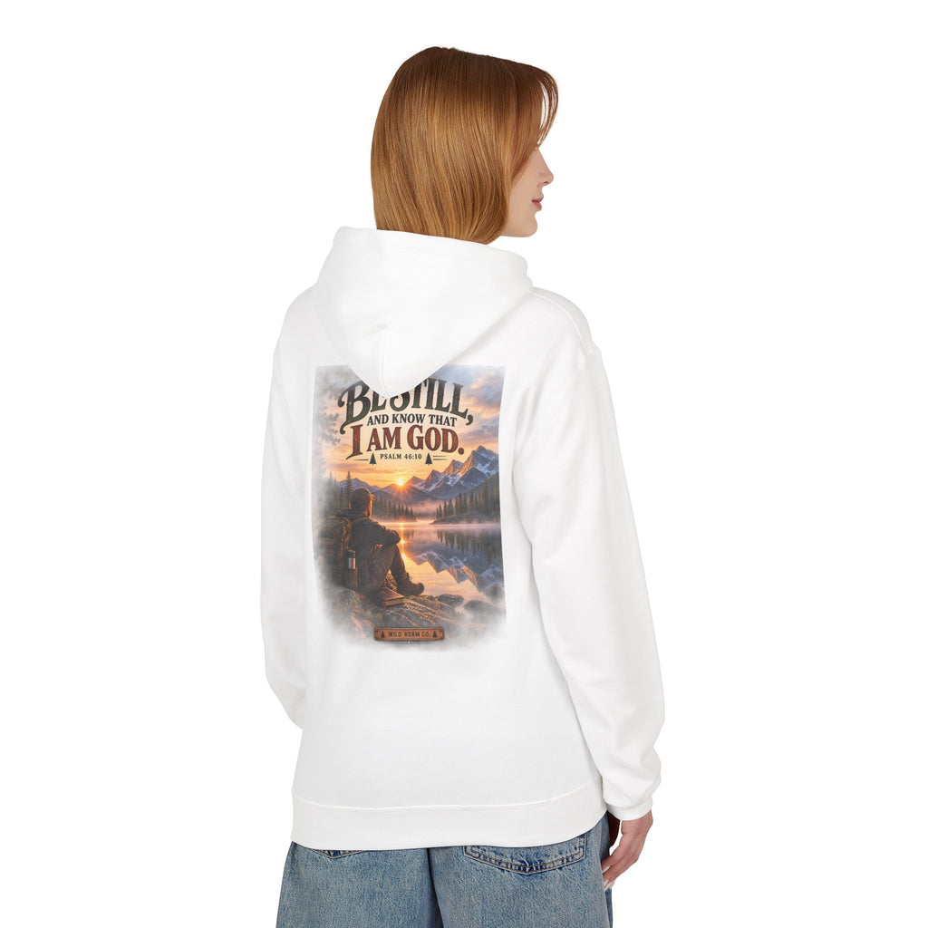 Men's Christian Nature Hoodie — “Be Still and Know That I Am God” Scenic Sweatshirt