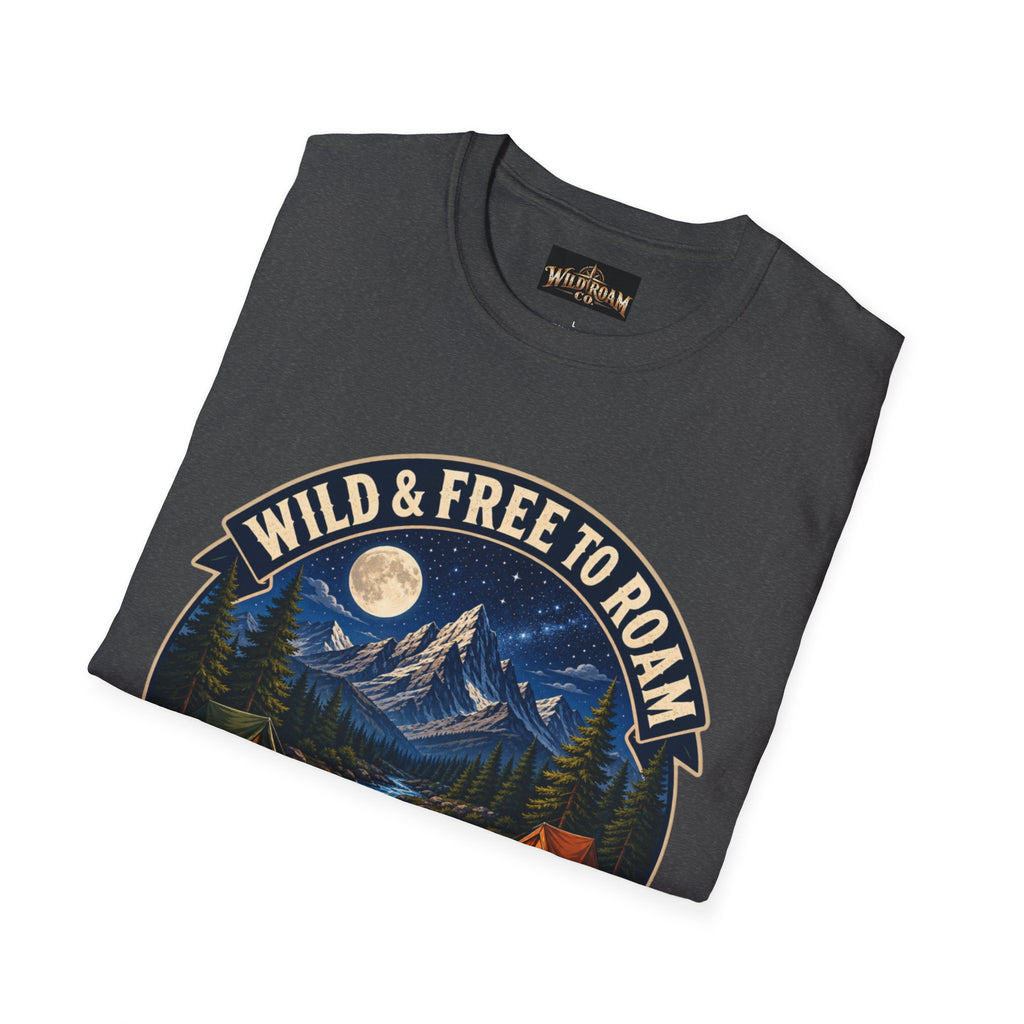 Camping T-Shirt — "Wild & Free to Roam" Mountain Campfire Graphic