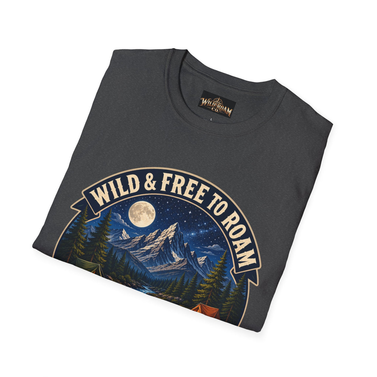 Camping T-Shirt — "Wild & Free to Roam" Mountain Campfire Graphic
