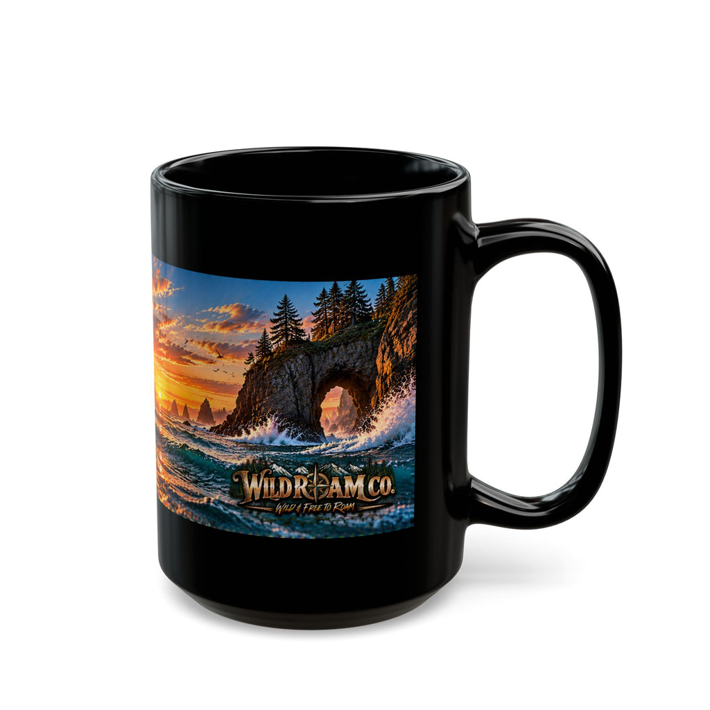 Sunset Coastal Arch Black Mug – WildDream Co. Scenic Ocean Sunrise Coffee Cup (11oz/15oz)