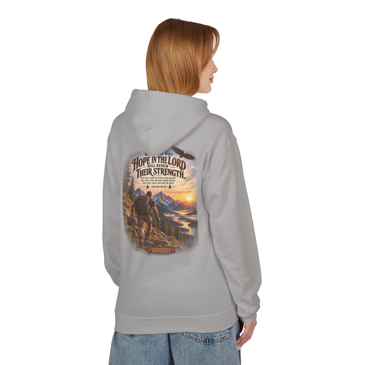 Men's Hope in the Lord Hiking Hoodie — Wild Roam Co. Sunset Mountain Faith Pullover