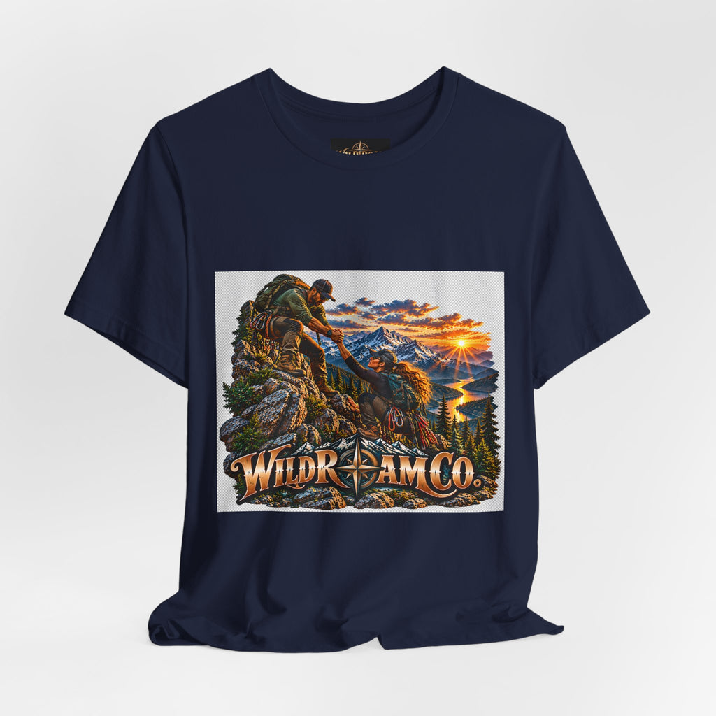 Couple Helping Hand Graphic Tee — Wild Roam Co. Mountain Climber Sunset T‑Shirt