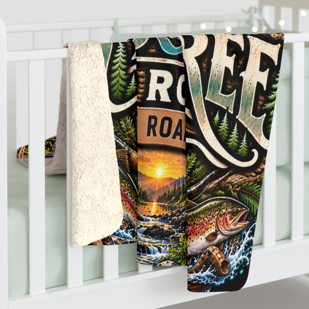 Wild & Free Sherpa Blanket — Outdoor Camping River Scene, 'Wild & Free to Roam' Cozy Throw