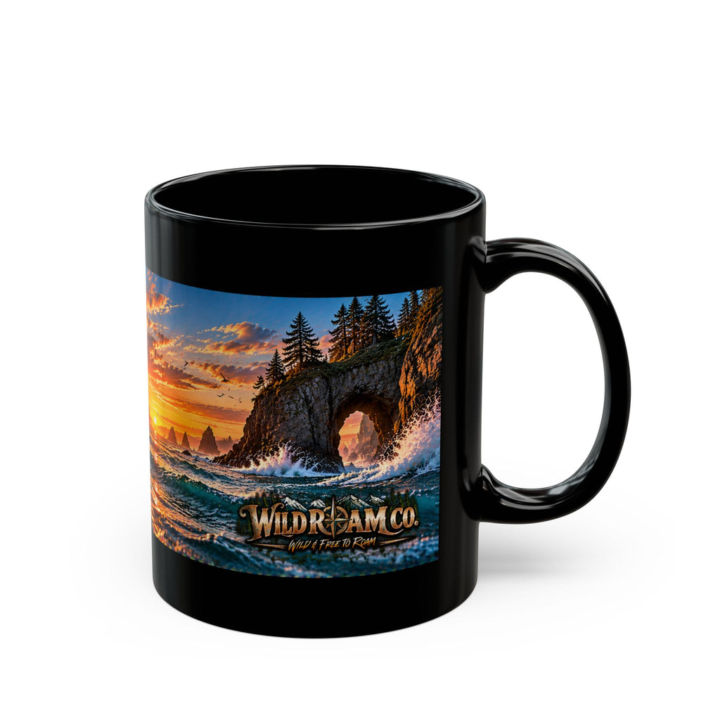 Sunset Coastal Arch Black Mug – WildDream Co. Scenic Ocean Sunrise Coffee Cup (11oz/15oz)