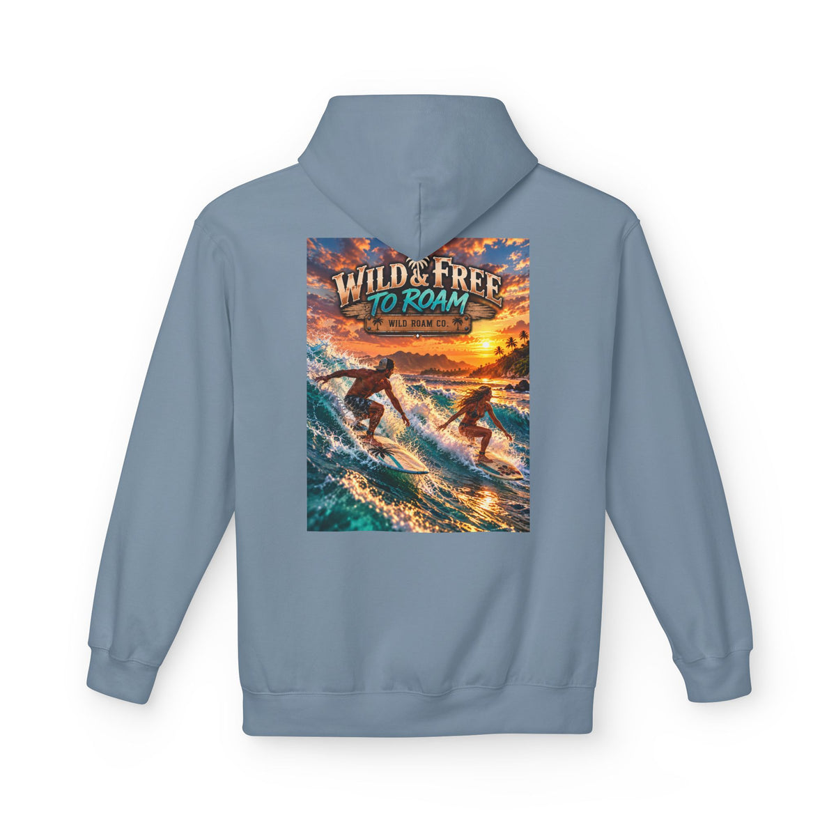 Surf Adventure Hoodie — "Wild & Free to Roam" Sunset Surf Graphic