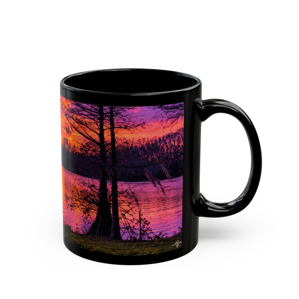 Sunset Lake Black Mug — Vibrant Purple-Orange Scenic Coffee Cup (11oz, 15oz)