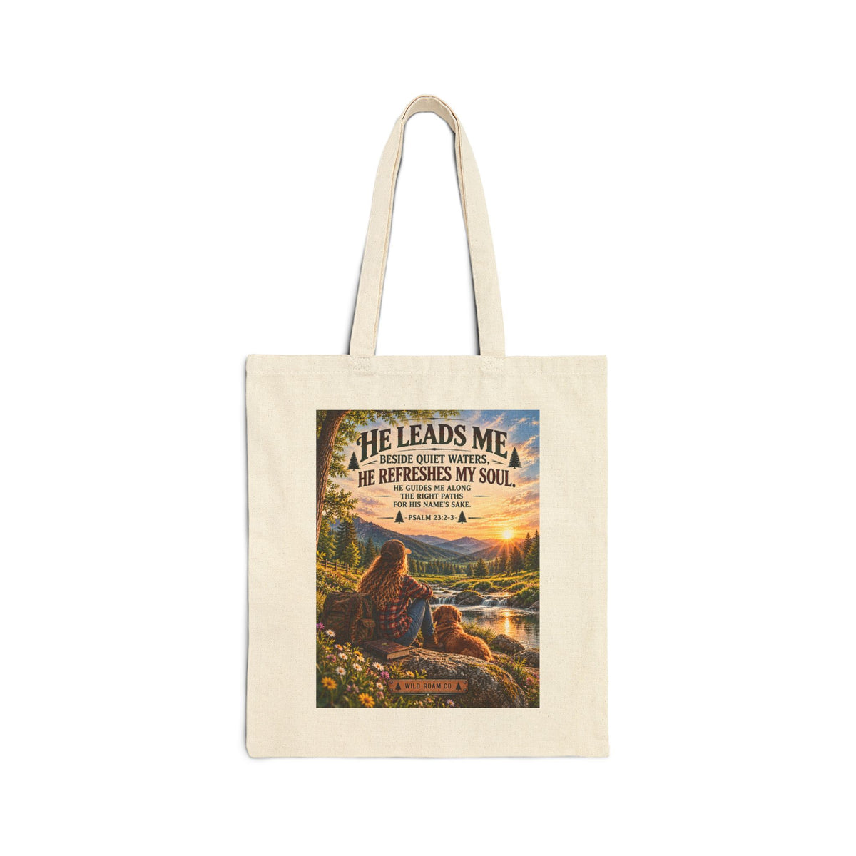 He Leads Me Religious Tote Bag - Psalm 23 Scenic Cotton Canvas Grocery Beach Bag