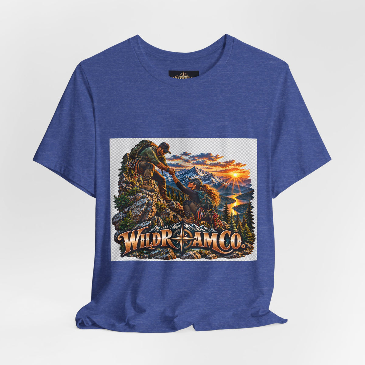 Couple Helping Hand Graphic Tee — Wild Roam Co. Mountain Climber Sunset T‑Shirt