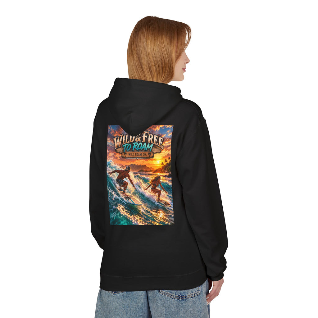 Surf Adventure Hoodie — "Wild & Free to Roam" Sunset Surf Graphic