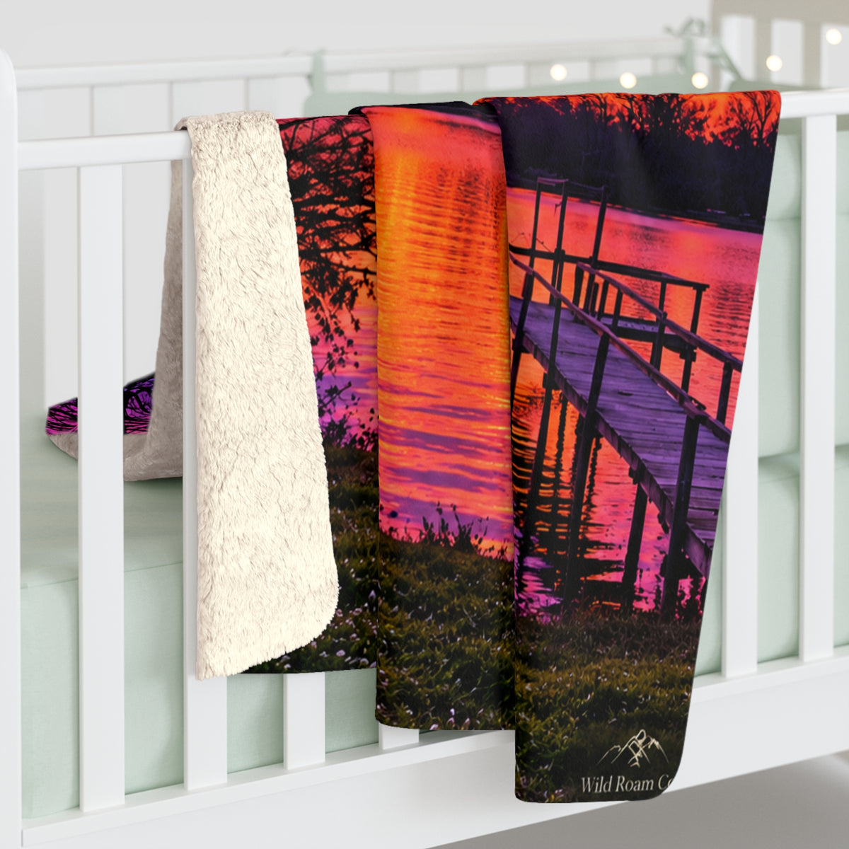 Sunset Lake Sherpa Blanket — Vibrant Dock & Sky Fleece Throw