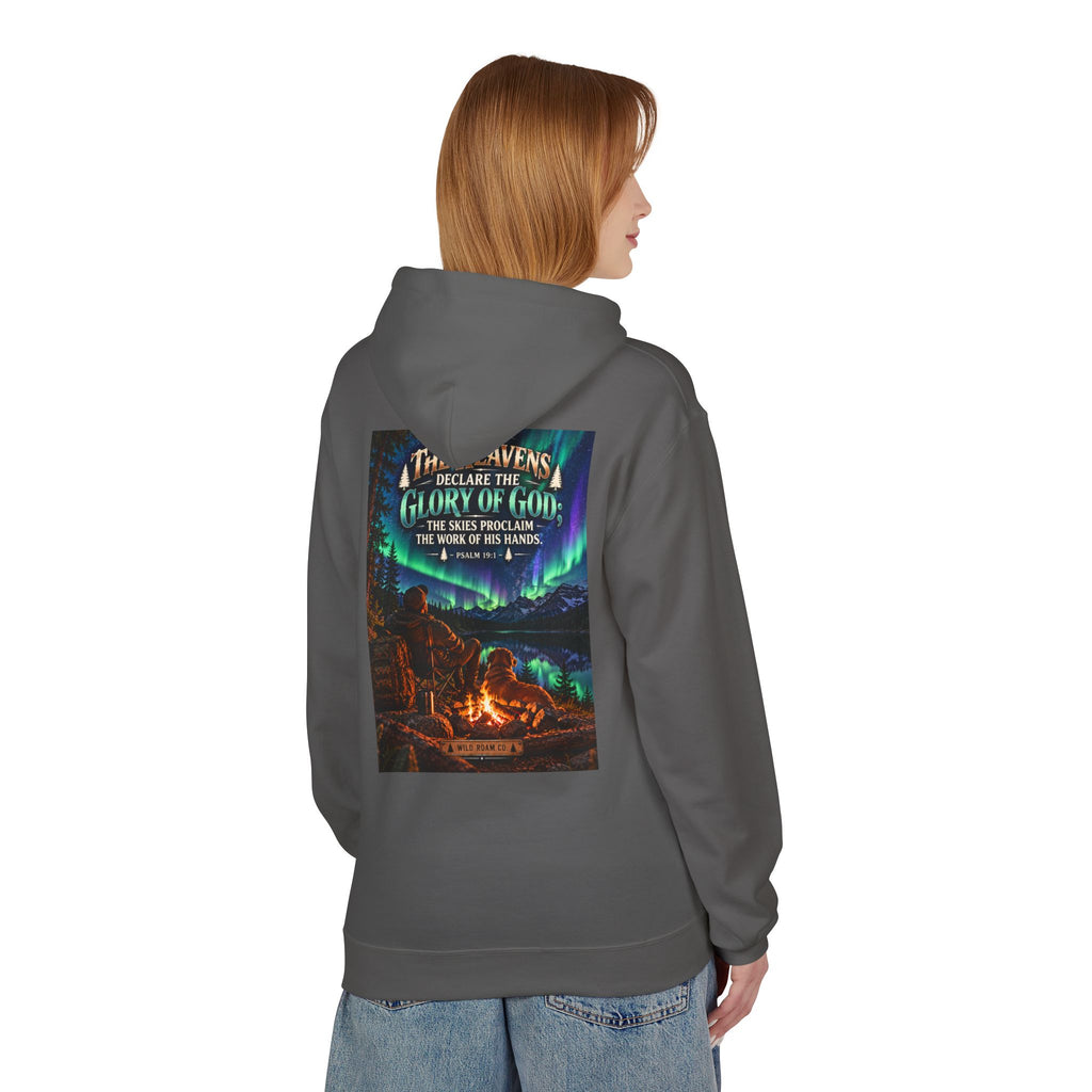 Men's Wilderness Campfire Hoodie — "The Heavens Declare" Scenic Christian Adventure Pullover