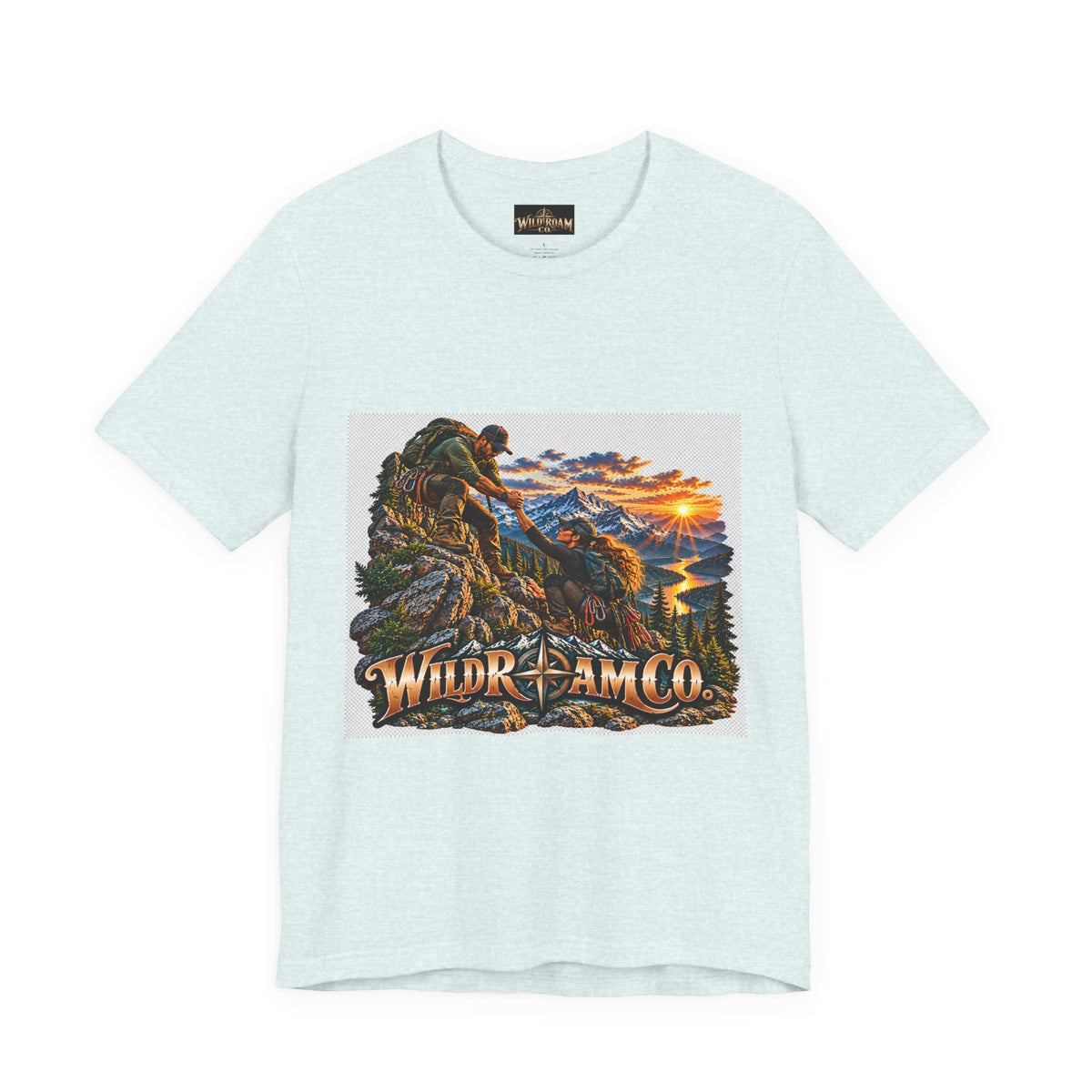 Couple Helping Hand Graphic Tee — Wild Roam Co. Mountain Climber Sunset T‑Shirt