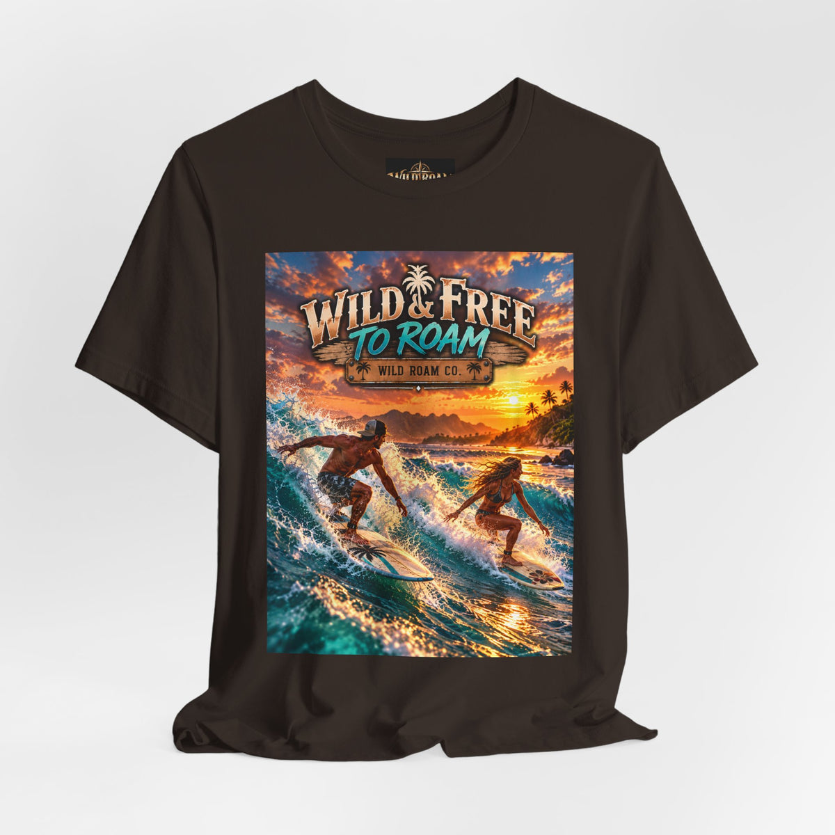 Surfing Sunset T‑Shirt — "Wild & Free to Roam" Beach Graphic Tee