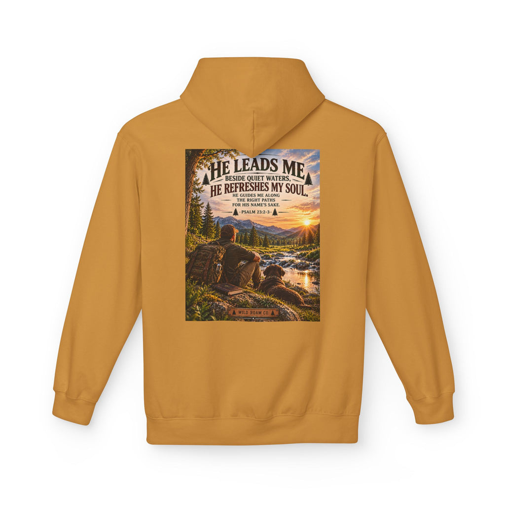 Men's Hoodie — "He Leads Me" Scenic Christian Outdoors Hoodie