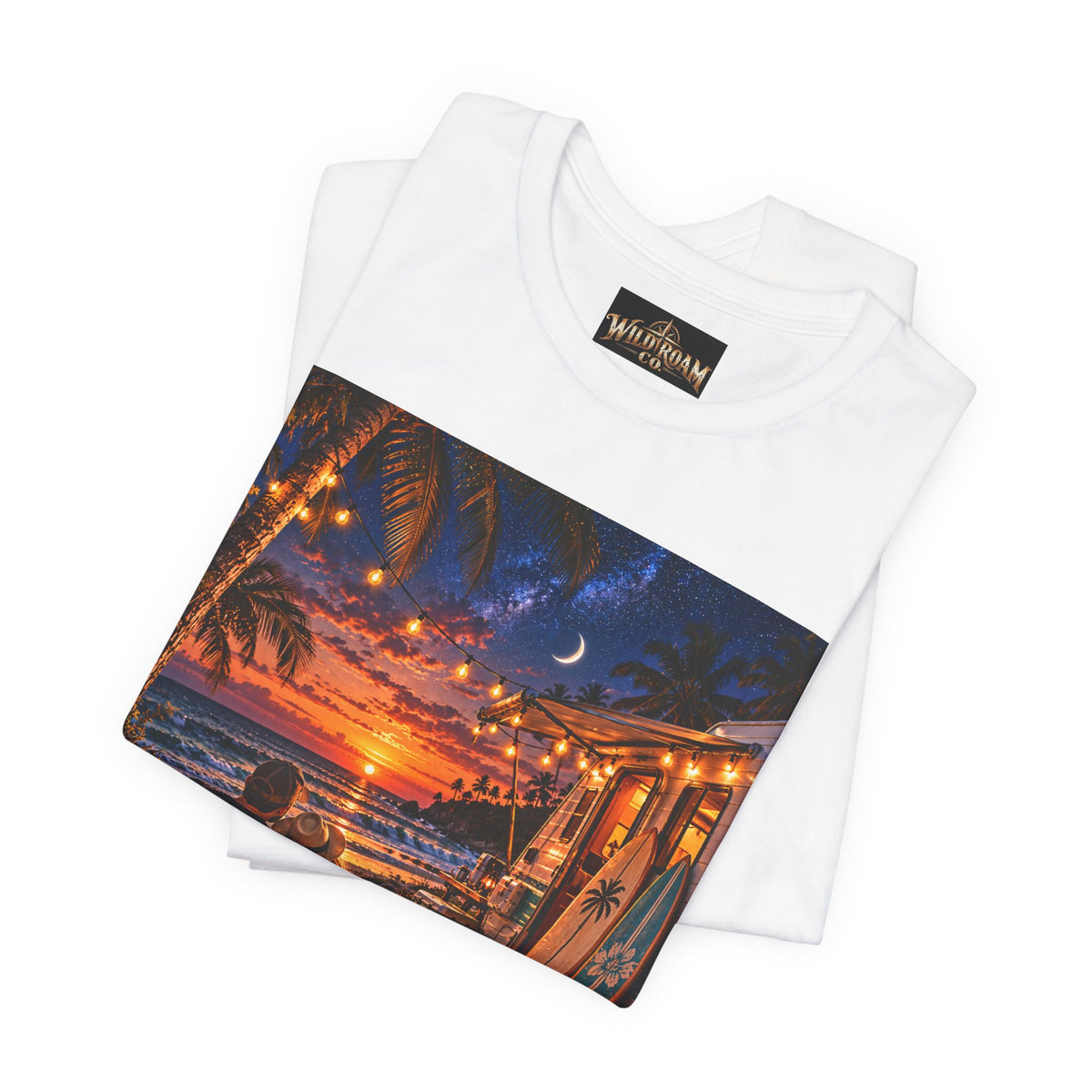 Beach Bonfire Sunset T-Shirt — Surfboard Campfire Coastal Graphic Tee
