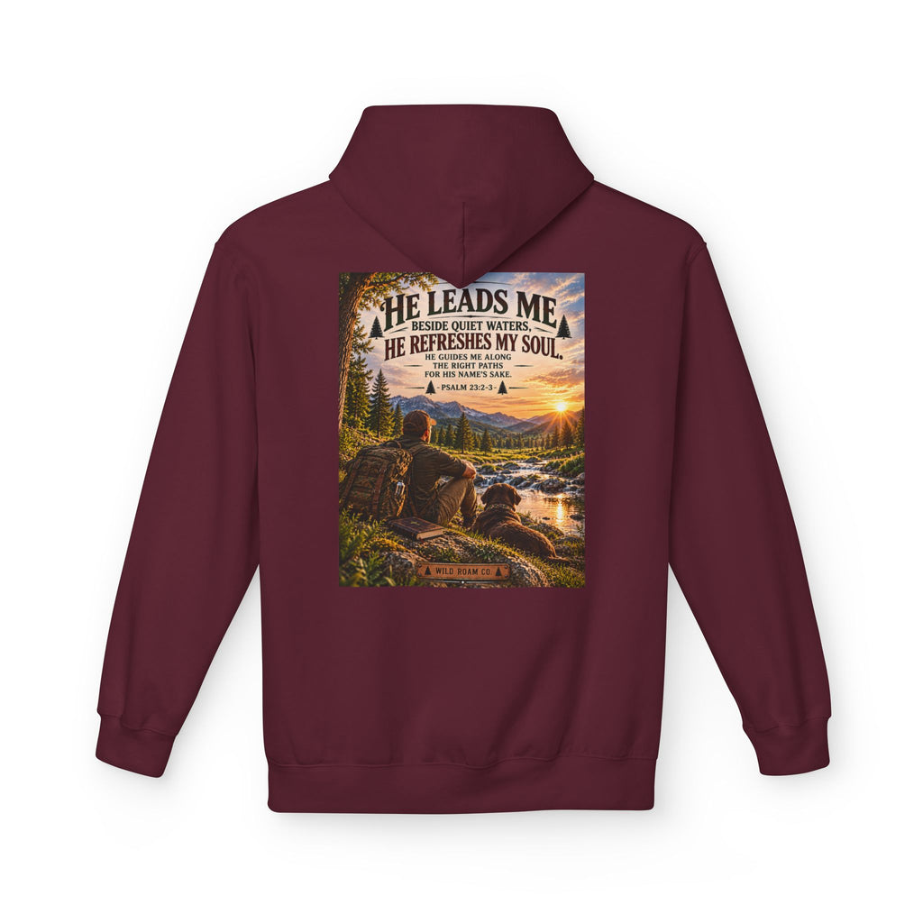 Men's Hoodie — "He Leads Me" Scenic Christian Outdoors Hoodie
